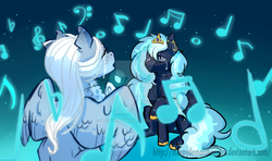 Size: 1024x605 | Tagged: safe, artist:sleepydemonmonster, oc, oc only, pony, beautiful, commission, crying, love, music notes, singing, tears of joy