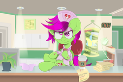 Size: 2400x1600 | Tagged: safe, artist:dannykay4561, oc, oc only, oc:breeze skies, pegasus, pony, cellphone, clothes, coffee, crossed legs, gloves, hoofs on table, hospital, makeup, nurse, nurse outfit, phone, poster, smartphone, solo, starbucks, table