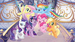 Size: 1136x640 | Tagged: safe, screencap, applejack, fluttershy, pinkie pie, rainbow dash, rarity, twilight sparkle, alicorn, earth pony, pegasus, pony, unicorn, g4, my little pony: the movie, female, looking at you, mane six, twilight sparkle (alicorn)