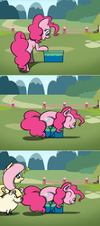 Size: 1280x2886 | Tagged: safe, artist:flutterluv, fluttershy, pinkie pie, earth pony, pegasus, pig, pony, g4, behaving like a cat, box, comic, eyes closed, if i fits i sits, parody, ponified animal photo, smiling, water