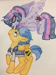 Size: 2448x3264 | Tagged: safe, artist:imtailsthefoxfan, flash sentry, sci-twi, twilight sparkle, alicorn, pegasus, pony, g4, alternate cutie mark, blushing, clothes, couple, cute, cutie mark, equestria girls ponified, eyes closed, female, glasses, high res, human pony flash sentry, jacket, male, mare, ponified, ponytail, sci-twilicorn, ship:flashlight, ship:sci-flash, shipping, stallion, straight, wings