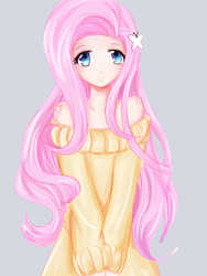 Size: 1480x1973 | Tagged: safe, artist:keoky23, fluttershy, human, g4, anime, clothes, female, humanized, looking at you, off shoulder, simple background, solo, sweater, sweatershy