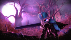 Size: 1920x1080 | Tagged: safe, artist:flutterdaz, shining armor, pony, g4, 3d, armor, church, forest, frown, male, moon, mouth hold, night, nose wrinkle, ruin, solo, sword, tree, weapon