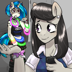 Size: 800x800 | Tagged: safe, artist:lucidlarceny, dj pon-3, octavia melody, vinyl scratch, earth pony, unicorn, anthro, g4, choker, clothes, cutie mark accessory, cutie mark necklace, duo, ear piercing, earring, female, fishnet stockings, glow rings, glowstick, implied lesbian, implied scratchtavia, implied shipping, jewelry, necklace, piercing, skirt, spiked choker, tank top