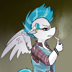 Size: 1000x1000 | Tagged: safe, artist:lucidlarceny, oc, oc only, oc:squeaky clean, pegasus, anthro, alternate hairstyle, cigarette, clothes, ear piercing, female, floppy ears, gradient background, lighter, nose piercing, nose ring, piercing, punk, shirt, smoking, solo, spiked wristband, vest, wristband