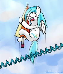 Size: 600x700 | Tagged: safe, artist:lucidlarceny, oc, oc only, oc:squeaky clean, pegasus, pony, female, flying, mare, scared, screaming, sky, solo, umbrella