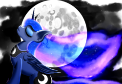 Size: 4800x3300 | Tagged: safe, artist:raptorpwn3, princess luna, alicorn, pony, g4, ethereal mane, eyes closed, female, high res, mare, mare in the moon, moon, profile, sitting, solo