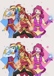 Size: 1000x1386 | Tagged: safe, artist:kare-valgon, pinkie pie, rainbow dash, sunset shimmer, fanfic:age of harmony: rebirth of magic, equestria girls, g4, baseball, crystal guardian, cute, fanfic, fanfic art, female, human coloration, magic, one eye closed, ponied up, super ponied up, telekinesis, trio, wink