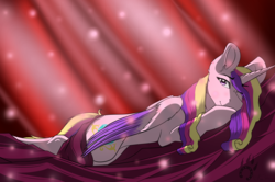 Size: 6584x4366 | Tagged: safe, artist:fizzwings, princess cadance, alicorn, pony, g4, absurd resolution, bedsheets, colored wings, crepuscular rays, draw me like one of your french girls, female, looking at you, mare, multicolored wings, one eye closed, prone, smiling, solo, sploot, wink