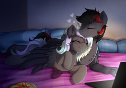 Size: 2600x1817 | Tagged: safe, artist:evomanaphy, oc, oc only, oc:ice trio, oc:mystic thunder, hippogriff, hybrid, art trade, bed, blushing, chest fluff, claws, computer, couple, cuddling, cute, duo, eyes closed, happy, hug, icethunder, laptop computer, ocbetes, relaxing, shipping, winghug, wings