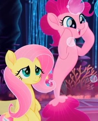 Size: 269x332 | Tagged: safe, screencap, fluttershy, pinkie pie, earth pony, merpony, pegasus, seapony (g4), g4, my little pony: the movie, bubble, cropped, cute, diapinkes, dorsal fin, duo, female, fin, fin wings, fins, fish tail, flowing mane, flowing tail, glowing, mare, ocean, seaponified, seapony fluttershy, seapony pinkie pie, seaquestria, species swap, tail, underwater, water, wings