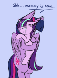 Size: 2483x3356 | Tagged: safe, artist:duop-qoub, starlight glimmer, twilight sparkle, alicorn, pony, unicorn, g4, adopted, adopted offspring, adoption, alternate universe, bipedal, blue background, comforting, crying, cute, daaaaaaaaaaaw, dialogue, duo, eyes closed, female, filly, filly starlight glimmer, floppy ears, glimmerbetes, glimmerdoption, high res, holding a pony, hug, mama twilight, mare, mother, mother and daughter, simple background, smiling, tears of joy, this will end in timeline distortion, twilight sparkle (alicorn), wings, younger