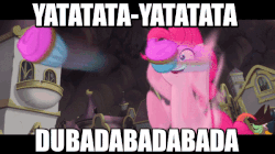 Size: 600x337 | Tagged: safe, edit, edited screencap, screencap, pinkie pie, earth pony, pony, g4, my little pony: the movie, animated, assaulting with cake, black bars, cupcake, dakka, female, food, gif, heavy weapons guy, holy shit quotient, letterboxing, loop, more dakka, team fortress 2