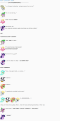 Size: 851x1697 | Tagged: safe, artist:dziadek1990, derpy hooves, lily, lily valley, lyra heartstrings, spike, tree hugger, twilight sparkle, zecora, dragon, g4, conversation, dialogue, emote story, emote story:cleaning day, emotes, growth, mind control, panic, reddit, spell gone wrong, teddy bear, text, want it need it