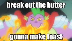 Size: 640x360 | Tagged: safe, edit, edited screencap, screencap, spike, dragon, a dog and pony show, g4, armor, beefspike, cape, clothes, crash bandicoot (series), crash bandicoot: warped, dingodile, fire, fire breath, glare, image macro, male, meme, open mouth, solo