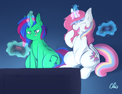 Size: 3300x2550 | Tagged: safe, artist:nekocrispy, oc, oc only, oc:christian clefnote, oc:nekonin, alicorn, pony, alicorn oc, commission, high res, magic, male, playstation 4, telekinesis, television