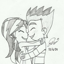 Size: 1024x1025 | Tagged: safe, artist:jen-izzy93, flash sentry, sunset shimmer, equestria girls, g4, boop, eyes closed, female, male, monochrome, noseboop, ship:flashimmer, shipping, sketch, straight, watermark
