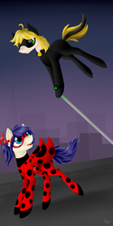 Size: 1000x2000 | Tagged: safe, artist:keisaa, pegasus, pony, chat noir, clothes, costume, cute, duo, ear piercing, earring, female, jewelry, male, mare, mask, miraculous ladybug, piercing, ponified, smiling, stallion