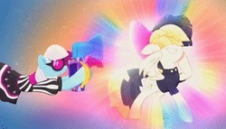 Size: 292x167 | Tagged: safe, screencap, photo finish, songbird serenade, earth pony, pegasus, pony, g4, my little pony: the movie, clothes, cropped, dress, duo, female, mare, needs more jpeg, sia (singer)