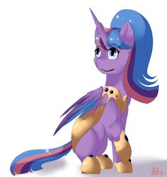 Size: 3400x3600 | Tagged: safe, artist:mah521, oc, oc only, oc:dawn, alicorn, pony, armor, colored wings, female, high res, mare, multicolored wings, offspring, parent:flash sentry, parent:twilight sparkle, parents:flashlight, solo