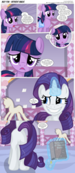 Size: 3300x7598 | Tagged: safe, artist:perfectblue97, rarity, twilight sparkle, earth pony, pony, unicorn, comic:without magic, g4, absurd resolution, blank flank, book, carousel boutique, clothes, comic, confused, earth pony twilight, fire, glowing, glowing horn, horn, implied fire, laughing, lighter, magic, magic aura, sheepish grin, telekinesis