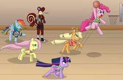Size: 1110x720 | Tagged: safe, artist:gameboysage, applejack, fluttershy, pinkie pie, rainbow dash, twilight sparkle, alicorn, anthro, g4, ><, animal crossing, basketball, bikini, blowing, clothes, commission, converse, daisy dukes, eyes closed, jersey, mouth hold, pecan the squirrel, puffy cheeks, referee, shoes, shorts, socks, sports, twilight sparkle (alicorn), whistle, whistle necklace