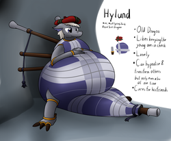 Size: 2750x2269 | Tagged: safe, artist:the-furry-railfan, oc, oc only, oc:hylund, dragon, original species, bagpipe dragon, bagpipes, belly, cave, hat, high res, impossibly large belly, inflation, musical instrument, plaid, reference sheet, tam o' shanter, tartan