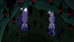 Size: 1280x738 | Tagged: safe, screencap, starlight glimmer, twilight sparkle, alicorn, bat, pony, vampire fruit bat, every little thing she does, g4, behaving like a bat, cave, glowing eyes, red eyes, suspended, twilight sparkle (alicorn), upside down
