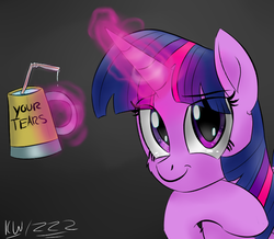 Size: 780x679 | Tagged: safe, artist:zeezou2, twilight sparkle, alicorn, pony, g4, bust, cup, drinking straw, female, gray background, levitation, looking at you, magic, mare, portrait, signature, simple background, smiling, smirk, solo, telekinesis, your tears are delicious