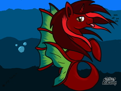 Size: 640x480 | Tagged: safe, artist:gammapony, oc, oc only, oc:scorchentine firestine, hippocampus, merpony, pony, seapony (g4), bubble, cute, horn, looking at you, ocean, seaponified, solo, species swap, strutting, tongue out, underwater, water