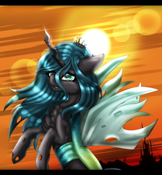 Size: 3249x3500 | Tagged: safe, artist:inspiredpixels, artist:minteadraws, queen chrysalis, changeling, changeling queen, g4, changeling hive, chest fluff, female, high res, lens flare, solo, sun