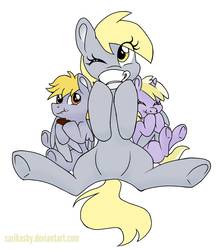 Size: 1500x1700 | Tagged: safe, artist:sarikashy, crackle pop, derpy hooves, dinky hooves, pony, g4, brother and sister, brownies, colt, cute, eating, equestria's best mother, featureless crotch, female, filly, food, hug, male, mare, mother and daughter, mother and son, one eye closed, siblings, simple background, tea, white background, winghug, wink