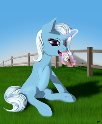 Size: 3360x4080 | Tagged: dead source, safe, artist:styroponyworks, trixie, pony, unicorn, g4, female, fence, food, grass, high res, ice cream, looking at you, magic, mare, open mouth, sitting, sky, smiling, solo