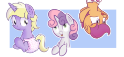 Size: 1280x594 | Tagged: safe, artist:zalakir, dinky hooves, scootaloo, sweetie belle, pegasus, pony, unicorn, g4, cute, cutealoo, diaper, diasweetes, dinkabetes, ear fluff, female, filly, smiling, upside down