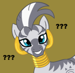 Size: 551x537 | Tagged: artist needed, safe, zecora, pony, zebra, g4, brown background, confused, confused nick young, drawthread, female, grin, looking at you, mare, meme, ponified, question mark, simple background, smiling, solo