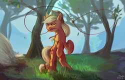 Size: 695x445 | Tagged: safe, artist:xxxdragonmashxxx, applejack, earth pony, pony, g4, eyes closed, female, forest, lasso, mouth hold, rearing, rock, rope, solo, tree