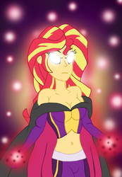 Size: 2000x2884 | Tagged: safe, artist:edcom02, sunset shimmer, human, equestria girls, g4, belly button, belly shirt, cape, caption, clothes, costume, glowing eyes, high res, magic, spiders and magic: rise of spider-mane, superhero