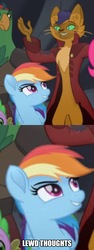 Size: 1494x3980 | Tagged: safe, edit, edited screencap, screencap, capper dapperpaws, rainbow dash, abyssinian, parrot pirates, pony, anthro, g4, my little pony: the movie, anthro with ponies, bedroom eyes, chest fluff, lewd, lidded eyes, meme, seductive, seductive look, sexy
