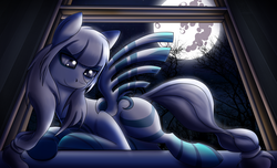 Size: 2800x1700 | Tagged: safe, artist:elmutanto, oc, oc only, oc:faelynn, original species, pegasus, pony, closed species, dream walker, female, mare in the moon, moon, night, solo, window