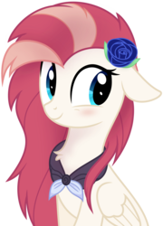 Size: 5000x6927 | Tagged: safe, artist:aureai, oc, oc only, oc:aureai, pegasus, pony, .svg available, absurd resolution, blue rose, blushing, bust, chest fluff, clothes, female, floppy ears, flower, flower in hair, folded wings, happy, looking back, mare, rose, simple background, sitting, smiling, solo, transparent background, vector