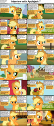 Size: 1282x2947 | Tagged: safe, applejack, earth pony, pony, comic:celestia's servant interview, g4, apple, caption, carriage, comic, cs captions, female, floppy ears, food, interview, mare, marshmallow, pie, sweet apple acres