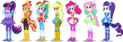 Size: 14100x4911 | Tagged: safe, artist:sugar-loop, applejack, fluttershy, pinkie pie, rainbow dash, rarity, sci-twi, sunset shimmer, twilight sparkle, equestria girls, g4, my little pony equestria girls: legend of everfree, absurd resolution, boots, clothes, cowboy boots, crystal guardian, crystal wings, dress, female, high heel boots, humane five, humane seven, humane six, ponied up, sci-twilicorn, shoes, simple background, skirt, super ponied up, transparent background, wings