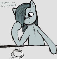 Size: 968x1000 | Tagged: safe, artist:crook3dsmile, marble pie, earth pony, pony, g4, coffee mug, female, gray background, mare, mug, pondering, simple background, solo