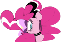 Size: 1280x859 | Tagged: safe, artist:hattsy, pinkie pie, earth pony, pony, g4, black lipstick, bust, choker, ear piercing, earring, eyeliner, female, goth, gothic pinkie, jewelry, lipstick, looking back, makeup, piercing, pinkie pie's boutique, simple background, solo, spiked choker