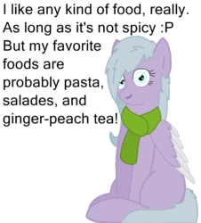 Size: 668x738 | Tagged: safe, artist:zephyr!, oc, oc only, oc:lilac breeze, pegasus, pony, ask lilac breeze, clothes, female, scarf, simple background, sitting, solo, talking, talking to viewer, white background