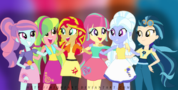 Size: 1175x598 | Tagged: safe, artist:miqueart, indigo zap, lemon zest, sour sweet, sugarcoat, sunny flare, sunset shimmer, equestria girls, g4, alternate clothes, alternate hairstyle, alternate universe, clothes, goggles, headband, pigtails, ponytail, shadow five, shirt, skirt, twintails