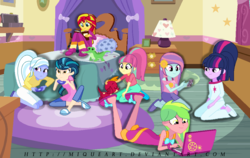 Size: 1000x630 | Tagged: safe, artist:miqueart, garble, gummy, indigo zap, lemon zest, sci-twi, sour sweet, sugarcoat, sunny flare, sunset shimmer, twilight sparkle, equestria girls, g4, alternate hairstyle, alternate universe, clothes, computer, controller, laptop computer, nightgown, pajamas, petting, playing, plushie, ponytail, shadow six, sleepover, slippers, slumber party, socks