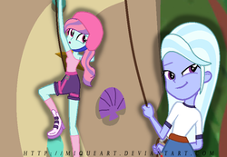 Size: 1052x730 | Tagged: safe, artist:miqueart, sugarcoat, sunny flare, equestria girls, g4, alternate universe, climbing, duo, duo female, female