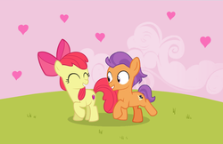 Size: 994x646 | Tagged: safe, artist:lunaticdawn, apple bloom, tender taps, earth pony, pony, g4, adorabloom, colt, cute, female, filly, heart, male, shipping, straight, tendaww taps, tenderbloom