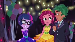 Size: 1100x618 | Tagged: safe, screencap, gloriosa daisy, sci-twi, timber spruce, twilight sparkle, equestria girls, g4, my little pony equestria girls: legend of everfree, bare shoulders, clothes, crystal gala, crystal gala dress, decoration, dress, female, male, necktie, sleeveless, strapless, suit